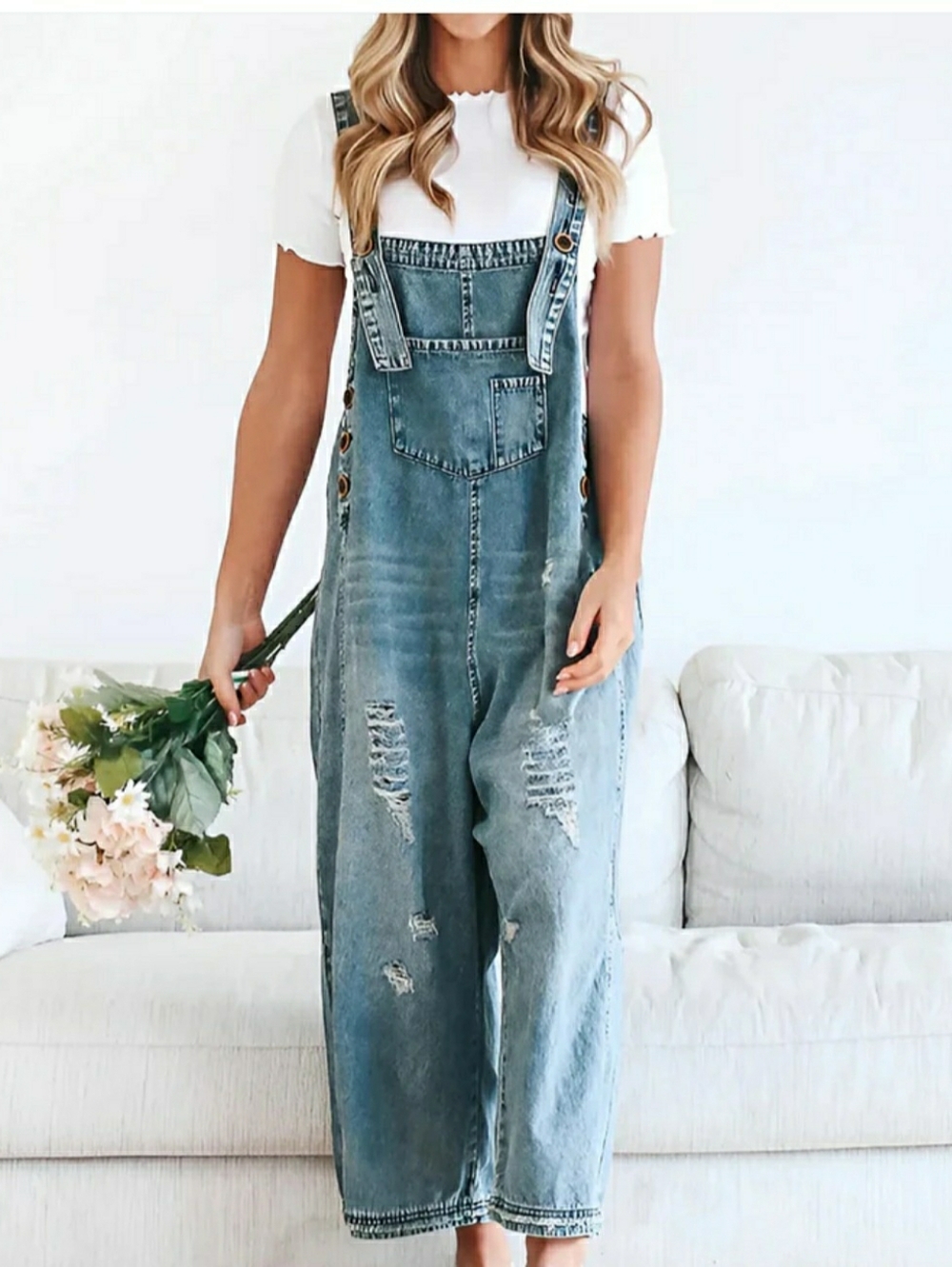 Madepants Loose Fit Distressed Baggy Wide Leg Denim Overalls Adjustable Straps L